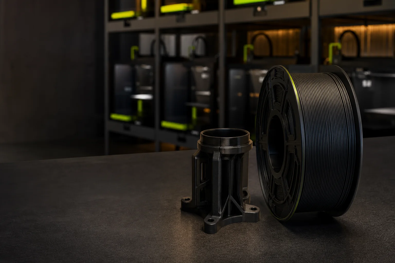 Filament spool and functional 3D-printed part in an automated print workshop